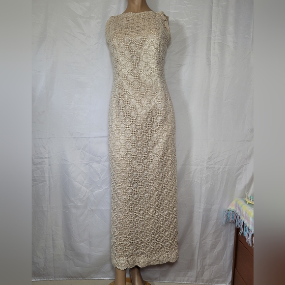 Vintage nude gold metallic thread embroidery crochet knit maxi formal dress - Picture 5 of 15